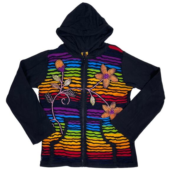 Karma Circle 100% Cotton Floral Rainbow Hoodie Sweater Cardigan Large Boho Fall - Picture 1 of 11